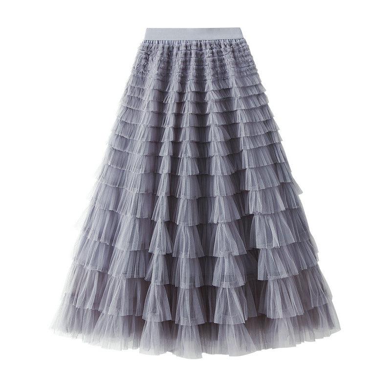 Cheky - A-Line Mesh Ruffle Skirt Women's Temperament Sweet Long Skirt Slim Cupcake Dress Womens Clothing