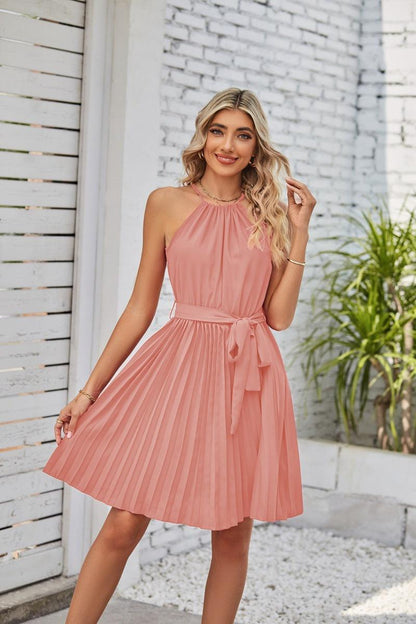 Cheky - Halter Strapless Dresses For Women Solid Pleated Skirt Summer Beach Sundress