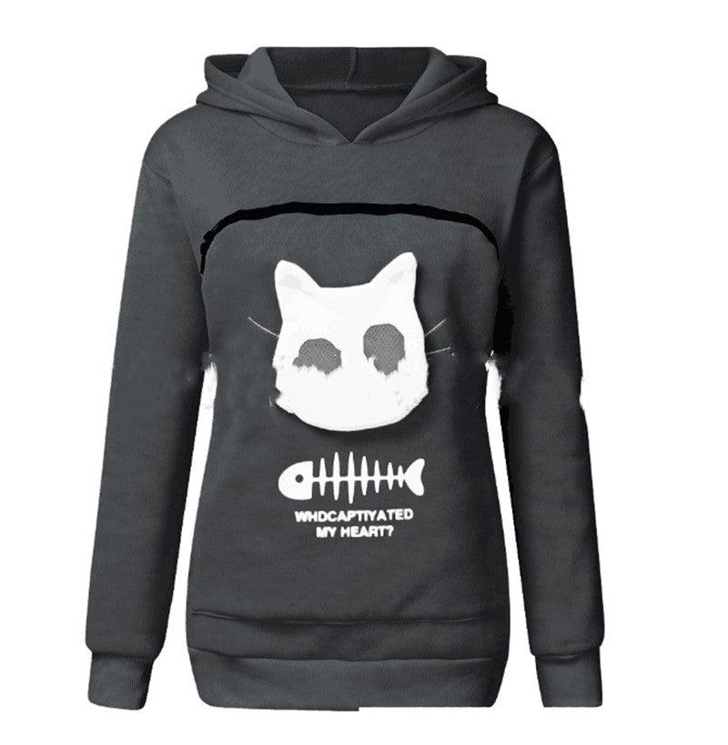 Cheky - Women Hoodie Sweatshirt With Cat Pet Pocket Design Long Sleeve Sweater Cat Outfit