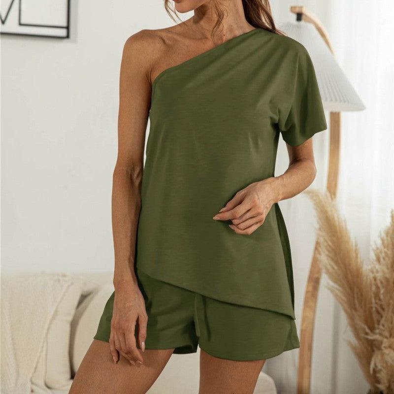 Cheky - Off-the-shoulder Short Sleeve Sloping-shoulder Off The-shoulder Casual Two-piece Suit