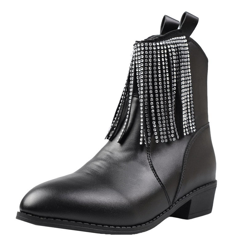 Cheky - Tassel Rhinestone Short Boots Women's Mid Heel Thick Heel