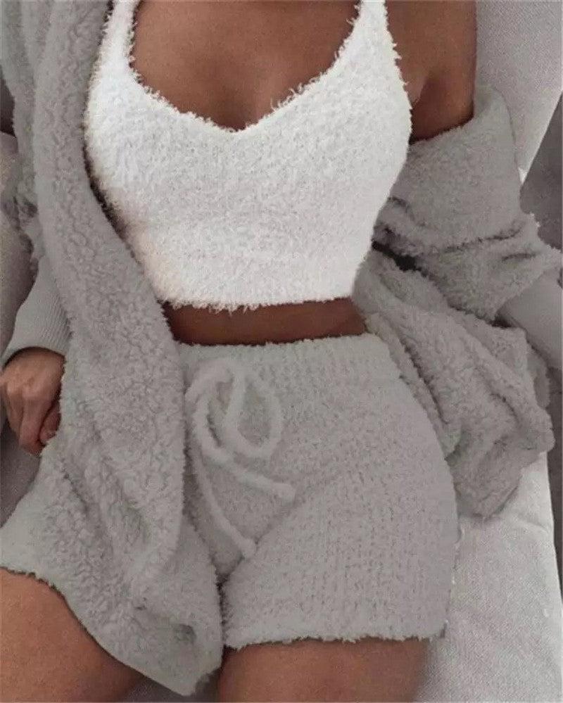 Cheky - Winter Sexy Women Home Wear Suit Casual Pajamas Set Lady Female Soft Warm Long Sleeve Exposed Navel Vest Shorts Set