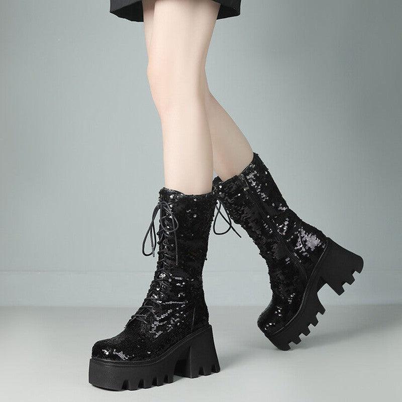 Cheky - Sequins Mid-calf Martin Boots Round Head Front