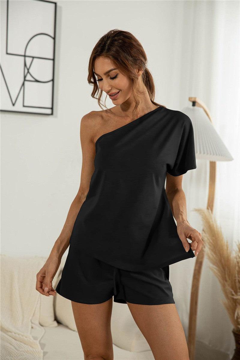 Cheky - Off-the-shoulder Short Sleeve Sloping-shoulder Off The-shoulder Casual Two-piece Suit