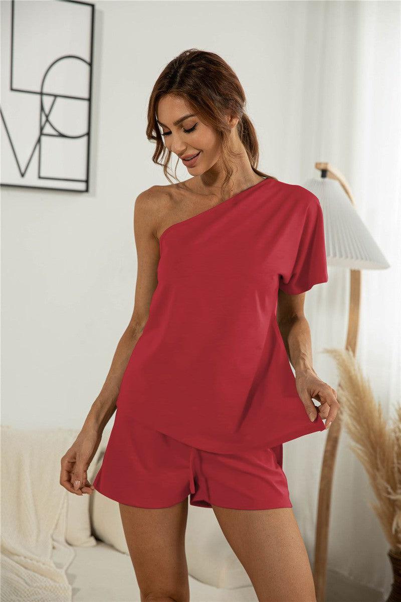 Cheky - Off-the-shoulder Short Sleeve Sloping-shoulder Off The-shoulder Casual Two-piece Suit