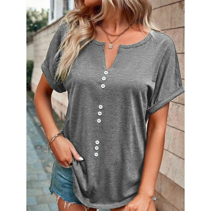 Cheky - V-neck Short Sleeve Tops Shirt Summer Button Design Blouse