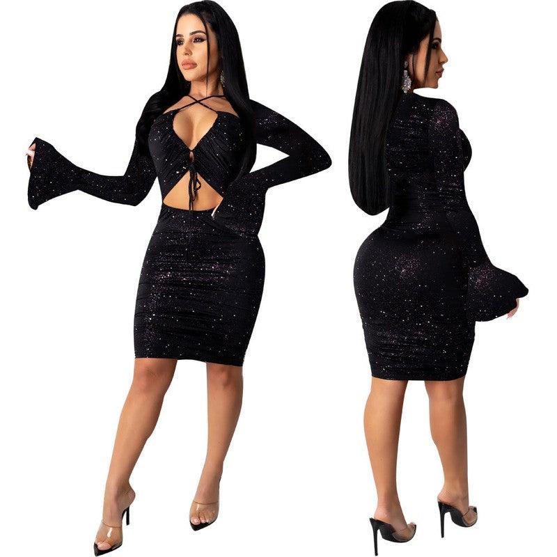 Cheky - Skinny Hollow-out Bell Sleeve Nightclub Dress