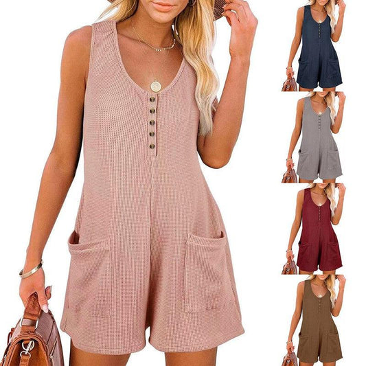 Cheky - Casual Waffle Button Jumpsuit With Pockets Fashion Summer Beach Straight Shorts Overall Pants Womens Clothing