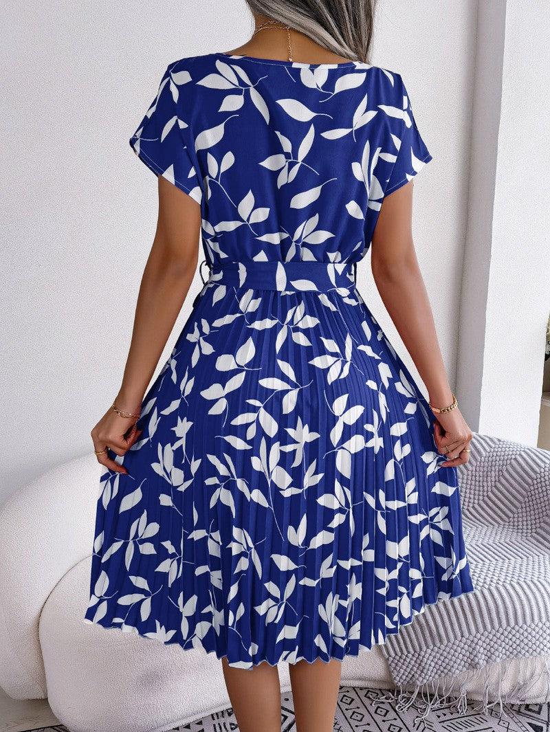 Cheky - Leaf Print Dress Women Short Sleeve Lace-up Skirt Summer Beach Dress