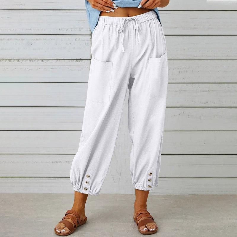 Cheky - Women Drawstring Tie Pants Spring Summer Cotton And Linen Trousers With Pockets Button