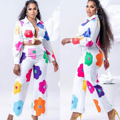 Cheky - Women's Fashion Color Printed Shirt Suit Two-piece Set