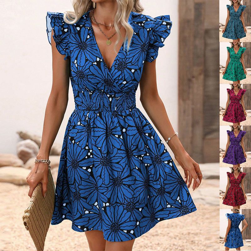 Cheky - New Flowers Print Ruffled Sleeveless Dress Summer Sexy Deep V-neck Slim-waist Short Dresses For Womens Clothing