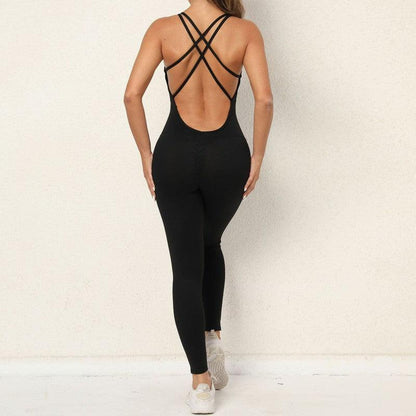 Cheky - Yoga Jumpsuit With Cross-strap Back Design Quick-drying Tight-fitting Running Sports Fitness Pants Fashion Seamless Leggings For Womens Clothing