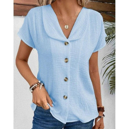 Cheky - Summer Solid Color Fashion Short-sleeved Cardigan Button Women's Top