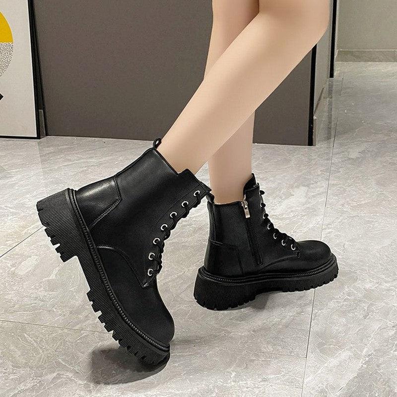 Cheky - Square Heel Round Head Solid Color British Style Retro Casual Platform Women's Boots