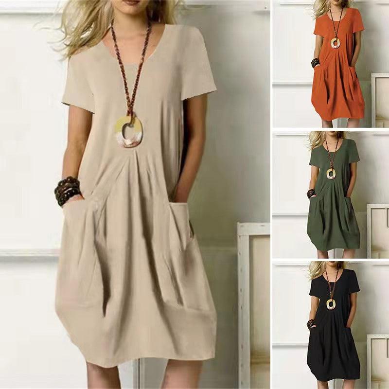 Cheky - Women's Dress With Pockets Cotton Linen Solid Color Loose Round Neck Short Sleeve Dress Summer