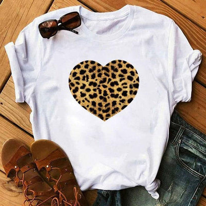 Cheky - Spring Women's Cartoon Leopard Print Heart Printing T-shirt