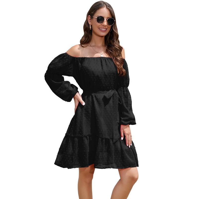 Cheky - Fashion One-shoulder Long Sleeve Dress For Women Tie Waist Off-shoulder Bubble Dot Ruffle Design Chiffon Dress