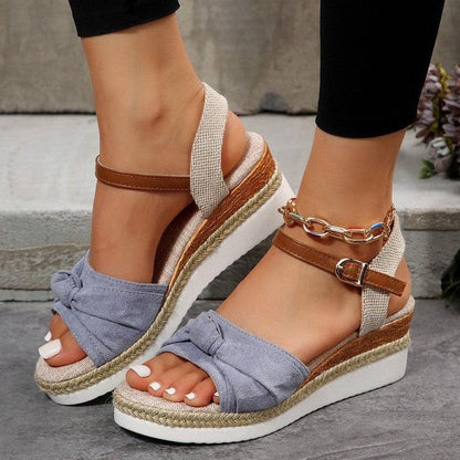 Cheky - New Thick-soled Bow Sandals Summer Fashion Casual Linen Buckle Wedges Shoes For Women