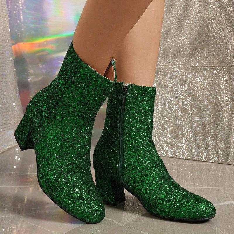 Cheky - New Fashion Sequin Boots For Women Square Heel Side Zipper Shoes Lady Street Party Evening Boots Winter Autumn Spring