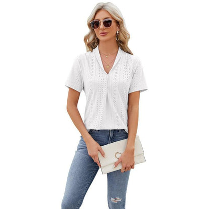 Cheky - V-neck Hollow Design T-shirt Summer Loose Short-sleeved Top For Womens Clothing