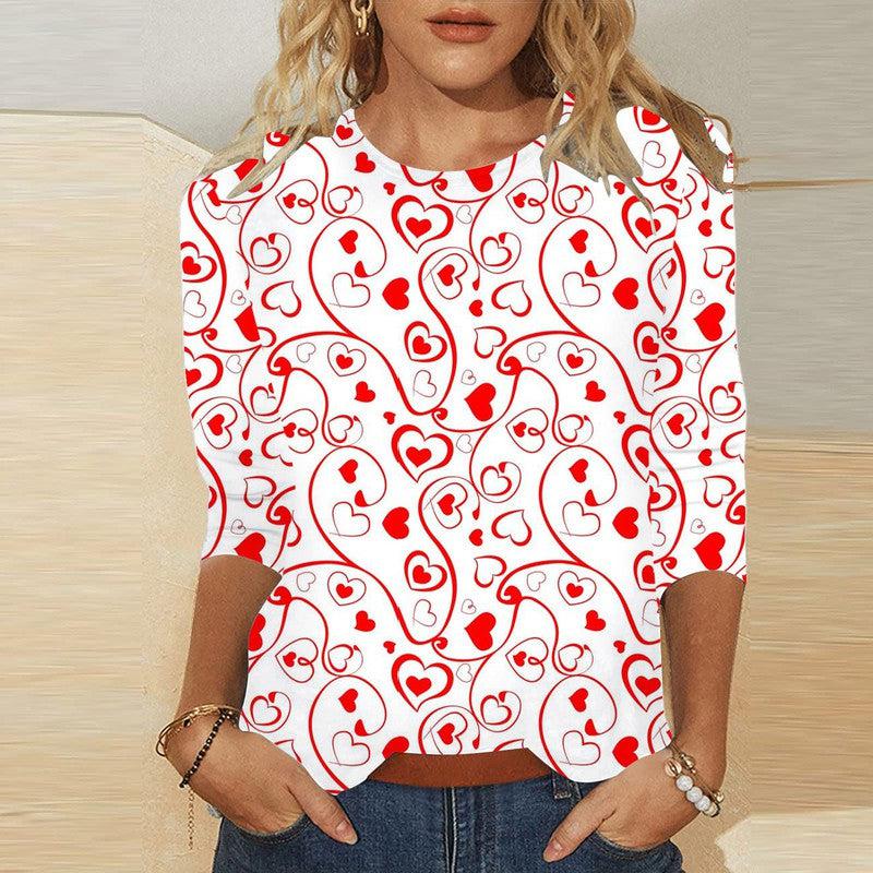 Cheky - Valentine's Day Female With Hearts Printing Crew Neck T-shirt Top