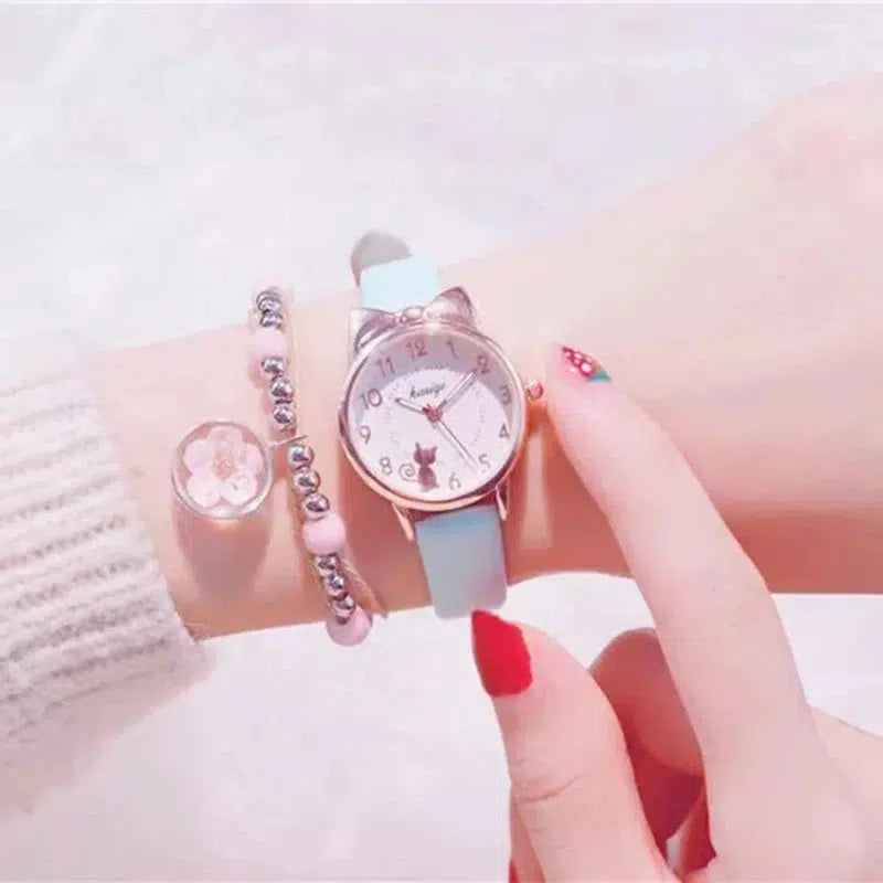 Cheky - New Girl Quartz Watch Student Children Wristwatch Cat Ears Face Gifts for Kids Girl ulzzang Style With Box Clock Beaded bracelet