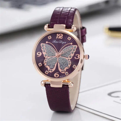 Cheky - Butterfly Diamond Dial Design Women Quartz Watches Fashion Casual Ladies Wristwatches Simple Woman Leather Clock Montre Femme