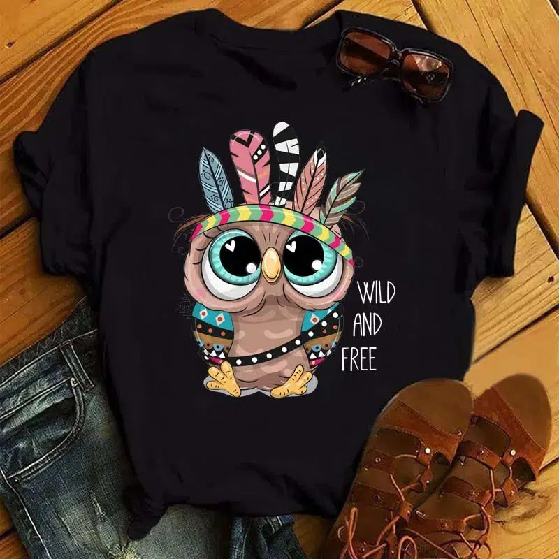 Cheky - Maycaur Cartoon Owl Print T Shirt Women Kawaii Graphic Shirts Casual Short Sleeved Black Female Tee O-neck Harajuku T-shirts