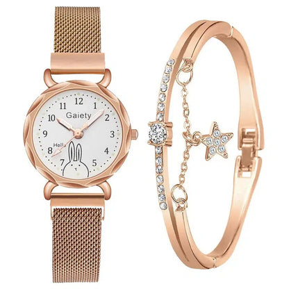 Cheky - Gaiety Brand 2pcs Set Casual Watch For Women Rhinestone Bracelet Watch Leather Ladies Wrist Clock Simple Dress Gfit Montre Femme