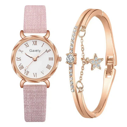 Cheky - Gaiety Brand 2pcs Set Casual Watch For Women Rhinestone Bracelet Watch Leather Ladies Wrist Clock Simple Dress Gfit Montre Femme