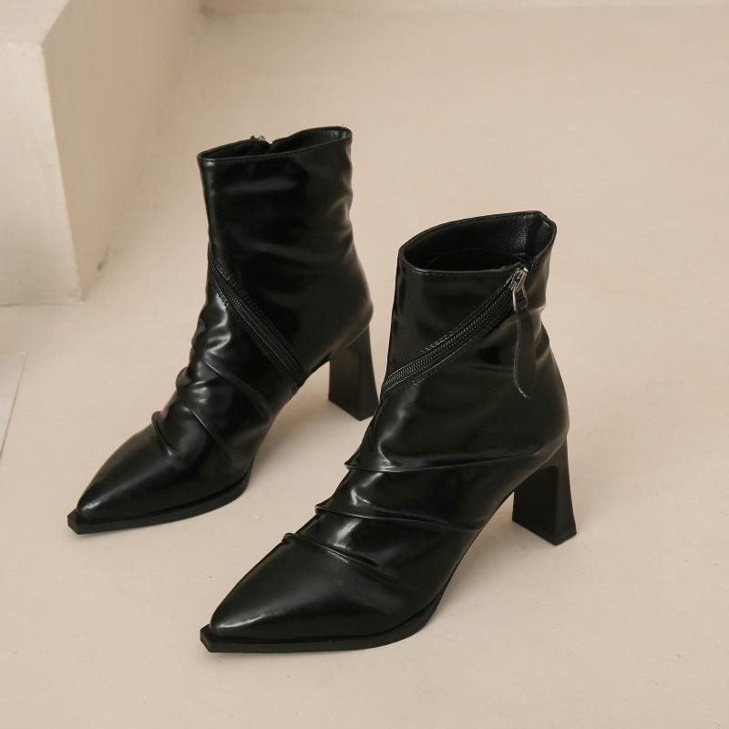 Cheky - Pleated Fashion Boots Women's Pointed Chunky Heel