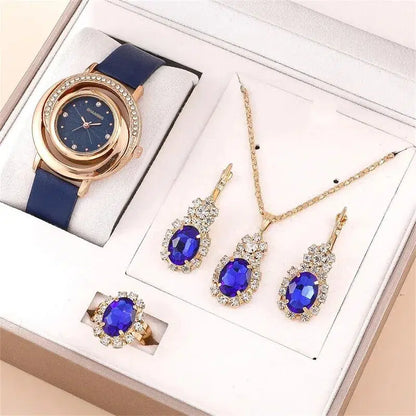 Cheky - 5PCS Set Luxury Watch Women Ring Necklace Earring Rhinestone Fashion Wristwatch Casual Ladies Watches Set Clock