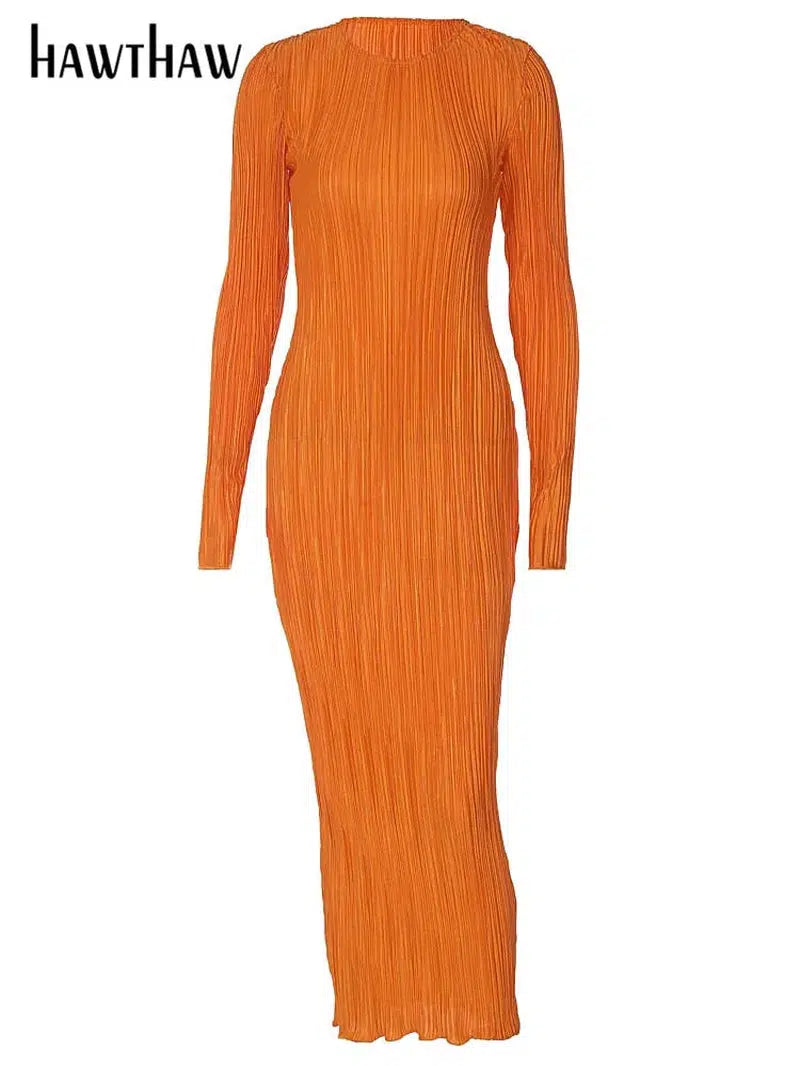 Cheky - Hawthaw Women Fashion Long Sleeve Streetwear Bodycon Orange Midi Dress Autumn Clothes Wholesale Items For Business