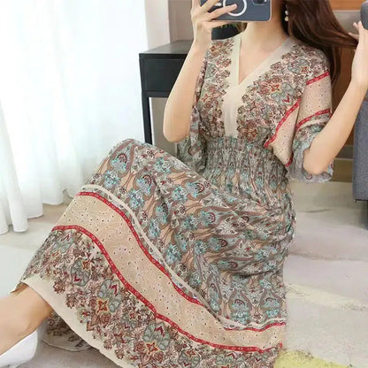 Cheky - Elegant Sweet Bohemian Style V-neck Elastic Waist Loose Large Swing Flower Printed Girls Summer Dress for Woman Skirt