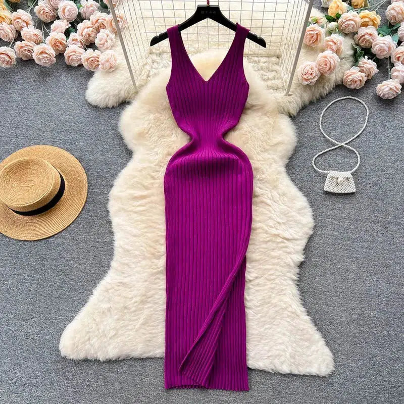 Cheky - YuooMuoo Chic Fashion Sexy Wrap Hips Split Knitted Autumn Dress Women Slim Elastic Bodycon Long Dress Streetwear Outfits Vestido