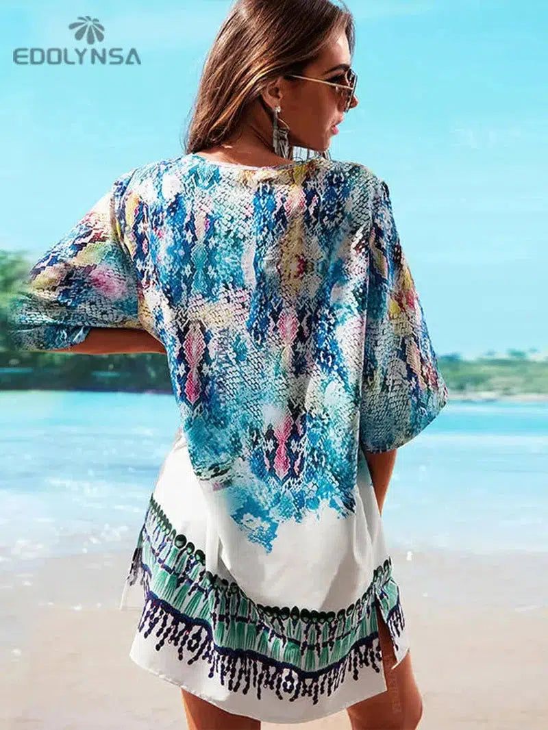 Cheky - New Arrivals Beach Caftan Swimsuit Cover up Print Chiffon Pareo Women Robe Plage Swimwear Dress Sexy Sarong Beach Tunic