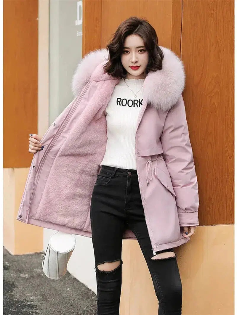 Cheky - Winter Coat Men Women Short Loose Add Velvet Thick Warmth Fur Hooded Parkas 2023 Fashion Korean Adjutable Belt Slim Cotton Coat