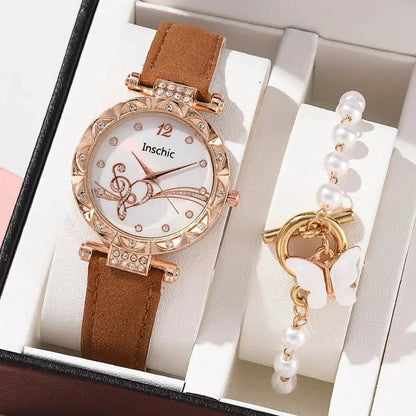 Cheky - Female New Luxury Ladies Watch Bracelet Set Quartz Wristwatch 2 PCS Set Women Watch Clock Gift Leather Strap Reloj Mujer