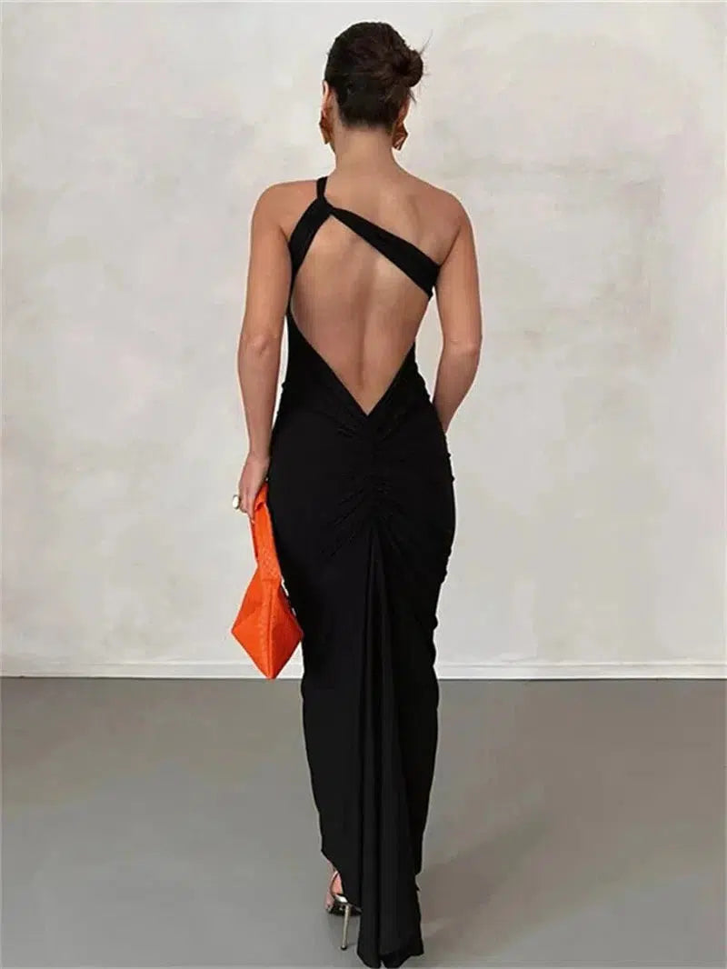 Cheky - WJFZQM Elegant Off Shoulder Backless Ruched Skinny Robe Female Party Evening Clothing Asymmetrical Concise Maxi Dress Women