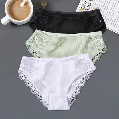 Cheky - FINETOO 3Pcs/set Women Cotton Panties M-2XL Low-Rise Underwear Trendy Patchwork Lace Briefs Female Soft Underpants Lingerie 2022