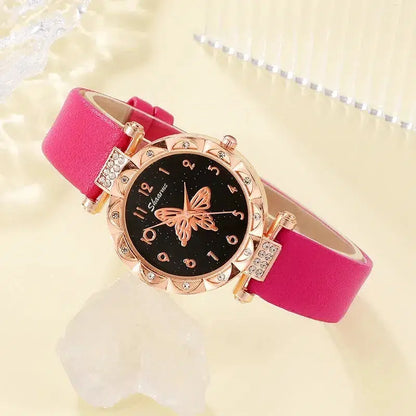 Cheky - 5PCS Set Womens Fashion Quartz Watch Female Clock Rose Red Butterfly Luxury Brand Design Women Watches Simple Ladies Wrist Watch