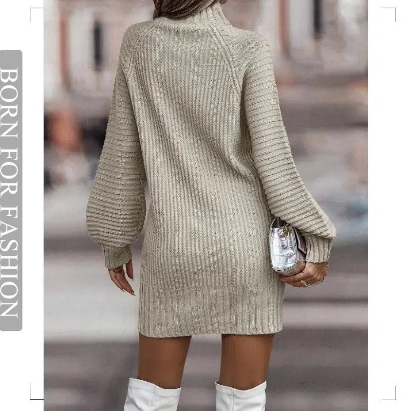 Cheky - Vintage Winter Knitted Dress Ladies Chic Turtleneck Lantern Long Sleeve Mini Sweater Dresses for Women New Arrival Clothes