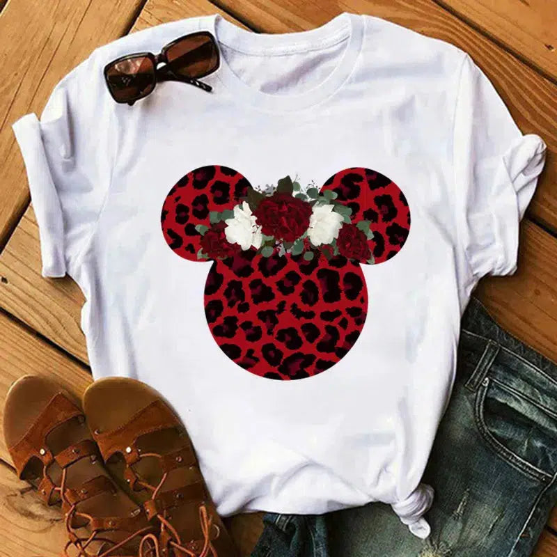 Cheky - Disney T Shirt Women Flower Minnie Mouse Clothes Leopard Print Kawaii T-Shirt Summer Tops Harajuku Black Women Tees