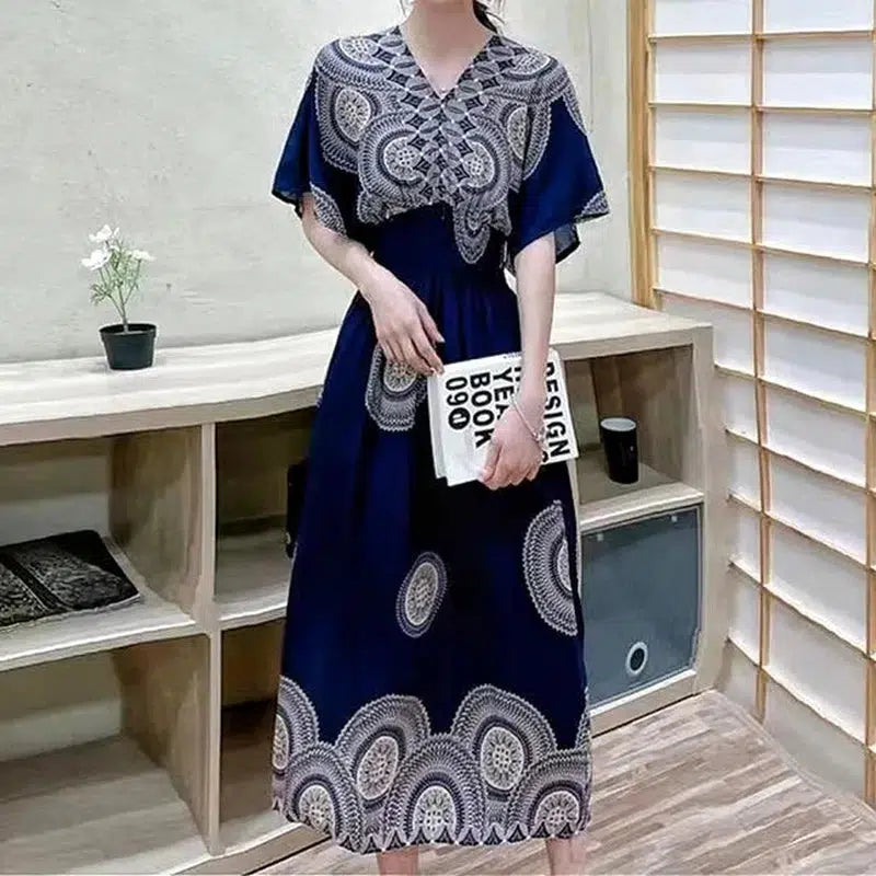 Cheky - Elegant Sweet Bohemian Style V-neck Elastic Waist Loose Large Swing Flower Printed Girls Summer Dress for Woman Skirt