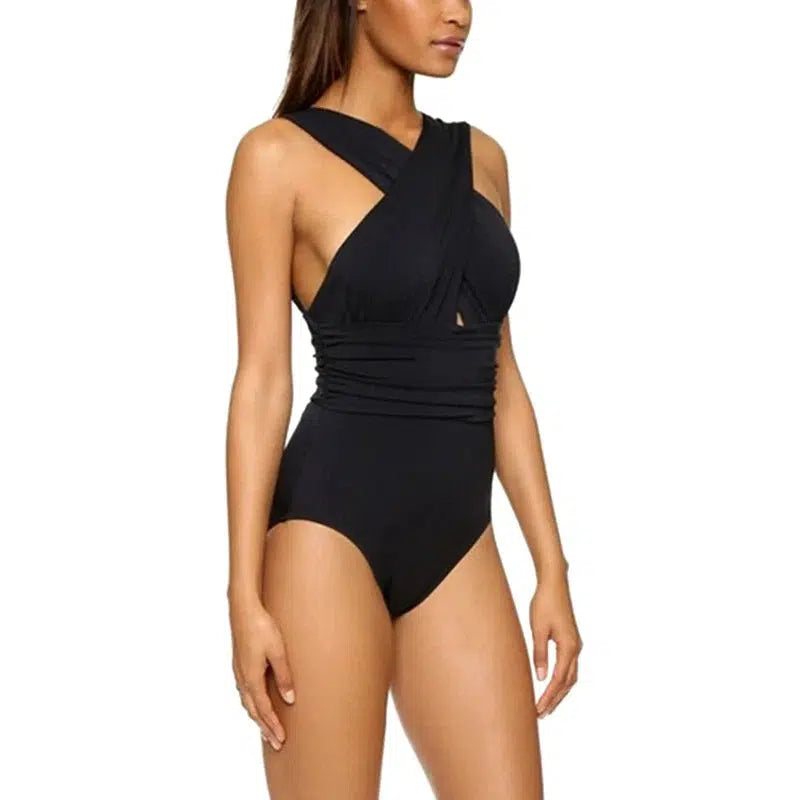 Cheky - One Piece Swimsuit Women Sexy Cross Bandage High Waist Padded Solid Backless Bikini Halter Tankini Swimwear Female Bathing Suit