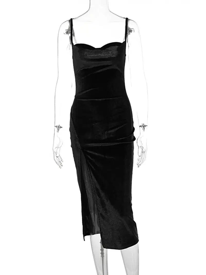 Cheky - Hugcitar Velvet Swing Collar Sleeveless Slip Sexy Slit Maxi Dress New Fashion Evening Party Women Elegant Streetwear Y2K