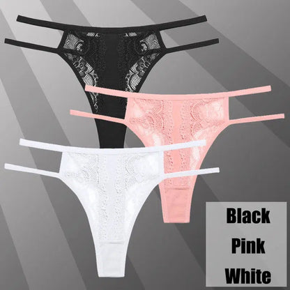 Cheky - 3Pcs/Set Sexy Lace Hollow Out Thongs Women Panties Low Waist Transparent G-String Underwear Female Breathable Intimates Lingerie