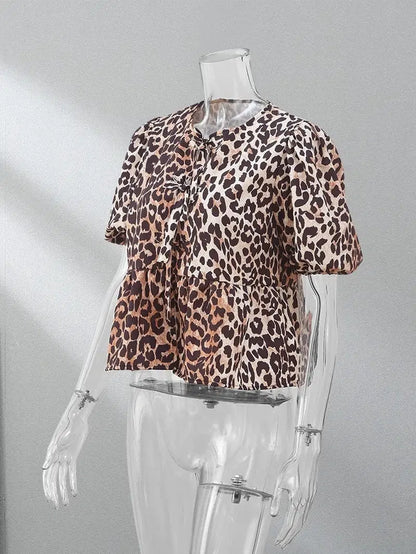 Cheky - Fashion Leopard Printed Hollow Out Shirt Women Causal O Neck Short Sleeved Lace Up Tops New Chic Female Casual Streetwear 2024