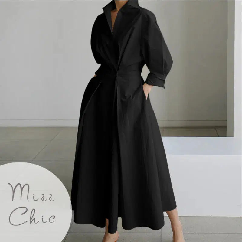 Cheky - S-5XL Korean Fashion Long Sleeve Shirt Dress Chic Turndown Neck Ruched Maxi Dress Women Autumn Winter Clothes Streetwear